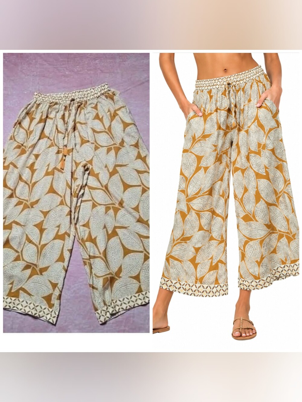 World Market Boho Cream Brown Floral Wide Leg Crop Pants Size Small Medium 28x25